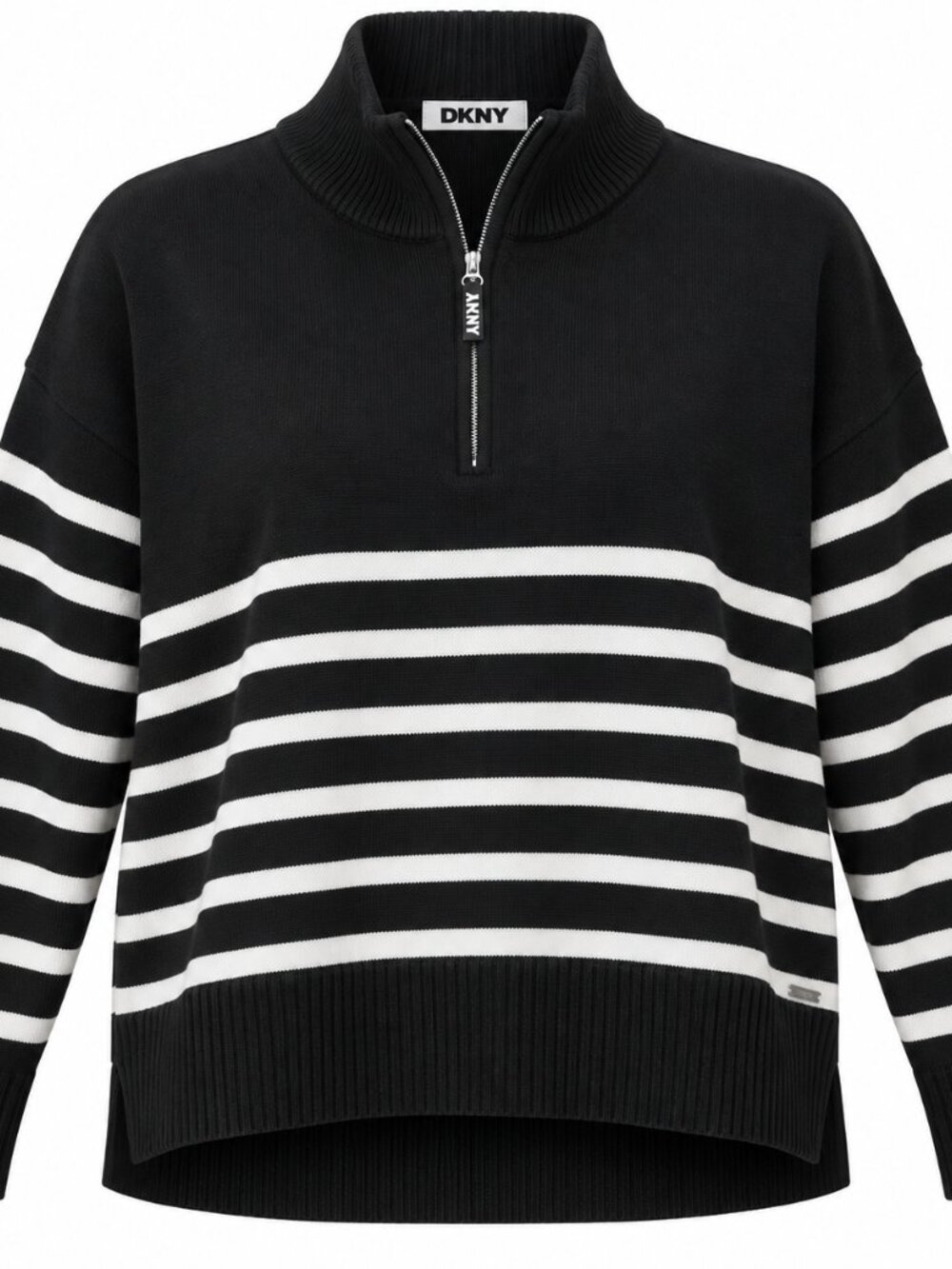 NWT DKNY Women's Quarter Zip Sweater XL Black White Stripe Turtleneck $79
